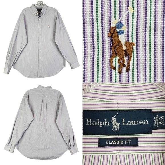 Polo Ralph Lauren Oxford Shirt Mens Size 16.5 Large Purple Stripe LS Button Down - Picture 1 of 9